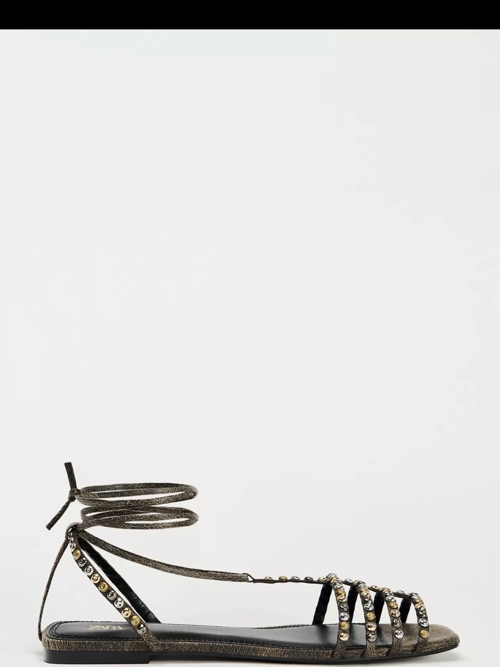 Zara Metallic Brown Studded Wraparound Flat Sandals